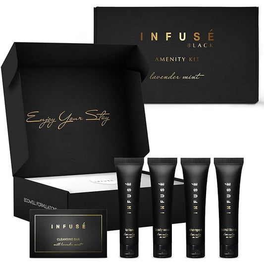 Infuse Black Amenity Kit | Boxed Hotel Toiletries | Bulk Set 1 oz Travel Size Shampoo, Conditioner, Lotion, Body Wash & Cleansing Bar for Guest Hospitality AirBnB/Vacation Rentals | 1 set per case-Velvo Beauty