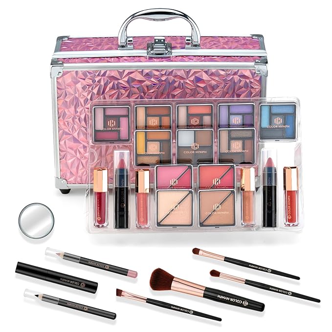 Color Nymph Starter Makeup Kit for Tweens Girls, Train Case for Women Full Kit with Eye Shadow, Lipstick, Blush, Brushes, Lipgloss, Mascara, Brow Wax and Mirror Pink Full Starter Cosmetics Set-Velvo Beauty