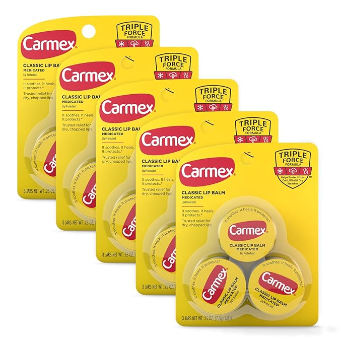 Carmex Medicated Lip Balm Jar, Lip Moisturizer for Dry, Chapped Lips, 0.25 OZ - (5 Packs of 3)-Velvo Beauty