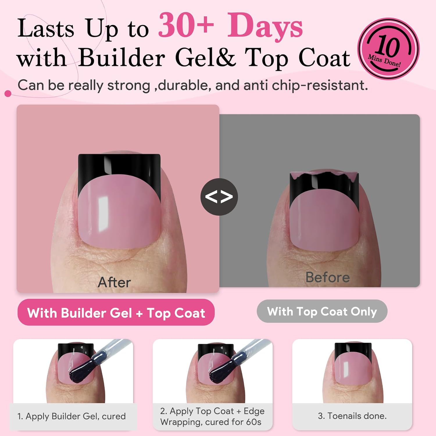 Toenail Press Ons French Tip, Berry Pink Black Elegant False Toe Nail Extension 15 Sizes 270 Pcs Sharp Square Acrylic Tips Pre-applied Nail Primer & Base Coat Full Cover for DIY Home 2025 Summer-Velvo Beauty