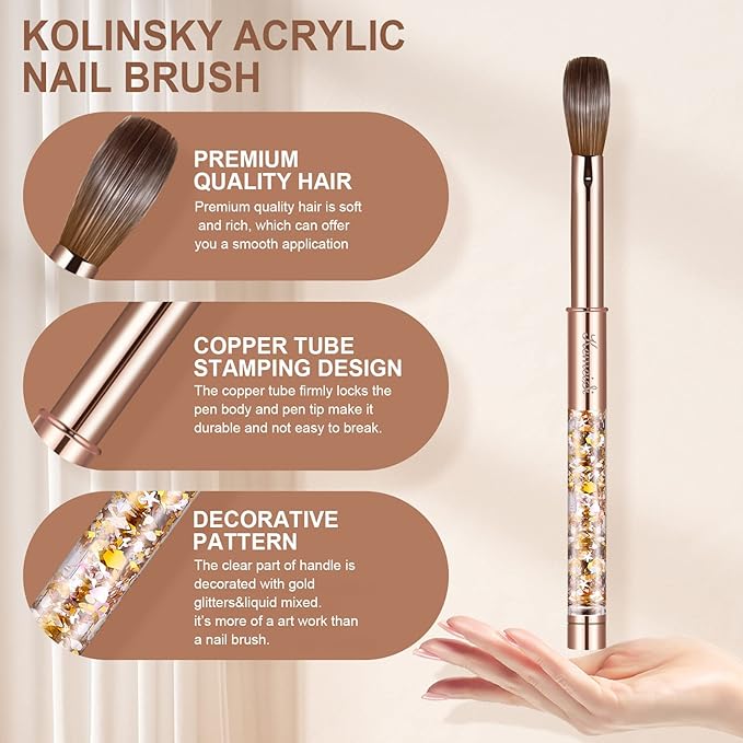Acrylic Nail Brush Size 6,KEMEISI 100% Pure Kolinsky Nail Art Brushes Sturdy Handle Oval Shaped Acrylic Powder Nail Design Tools for Professional Manicure DIY Home Salon (Gold)-Velvo Beauty