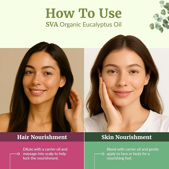 SVA Eucalyptus Essential Oil Organic – 4 Fl Oz – 100% Natural Organic Eucalyptus Oil - for Diffuser, Hair, Face, Skin Care, Aromatherapy, Scalp and Body Massage, Soap and Candle Making - with Dropper-Velvo Beauty