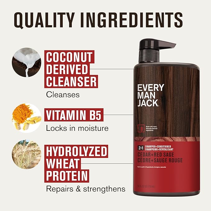 Every Man Jack 2-in-1 Daily Shampoo + Conditioner - Cedar and Red Sage | Nourishing For All Hair Types, Naturally Derived, Cruelty-Free Shampoo and Conditioner Set for Men | 24oz -1 Bottle-Velvo Beauty