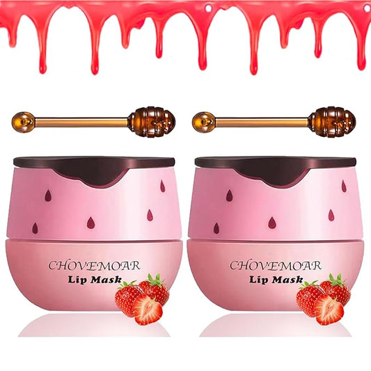 2 PCS Strawberry Lip Mask Lip Balm Honey Pot, Vitamin E & Moisturizing Propolis Sleeping Lip Mask Prevention Dry and Cracked Lip Scrubs Exfoliator (2 strawberry)-Velvo Beauty