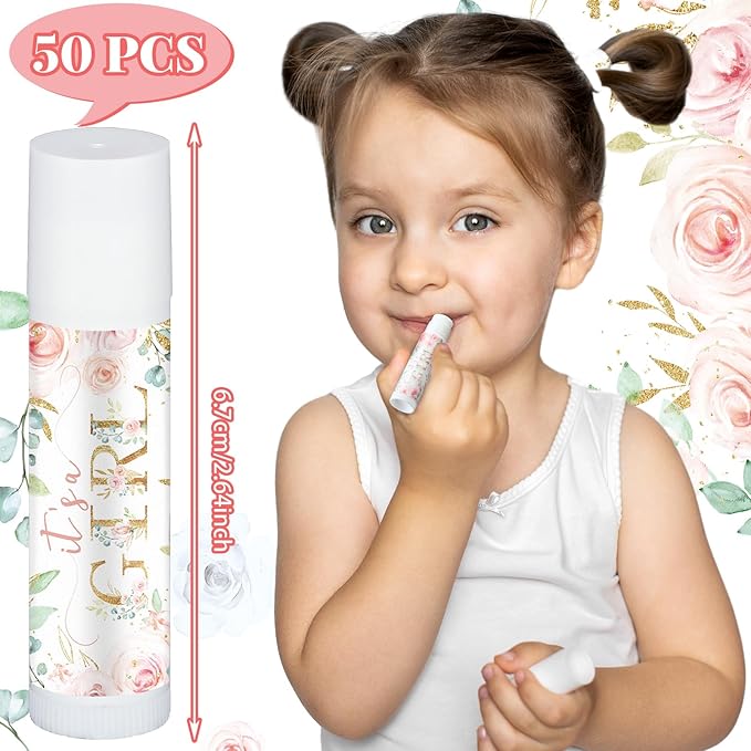 50 Pack Floral Baby Shower Lip Balm Party Supplies Bulk for Girls Guests It's a Girl Baby Shower Gifts Gender Reveal Favors Prizes Souvenirs Winners Thank You Appreciation Gifts-Velvo Beauty