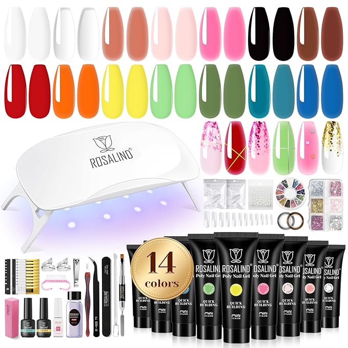 ROSALIND Poly Nail Gel Colors Kit -14 Colors +72 Nail Art Accessories kit Poly Nails Gel Kit Starter Kit with Mini UV Lamp Slip Solution Poly Nail Art Tools for Beginners with Everything-Velvo Beauty