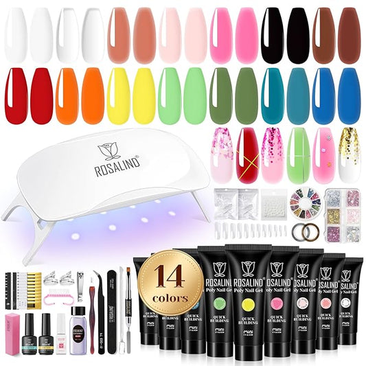 ROSALIND Poly Nail Gel Colors Kit -14 Colors +72 Nail Art Accessories kit Poly Nails Gel Kit Starter Kit with Mini UV Lamp Slip Solution Poly Nail Art Tools for Beginners with Everything-Velvo Beauty