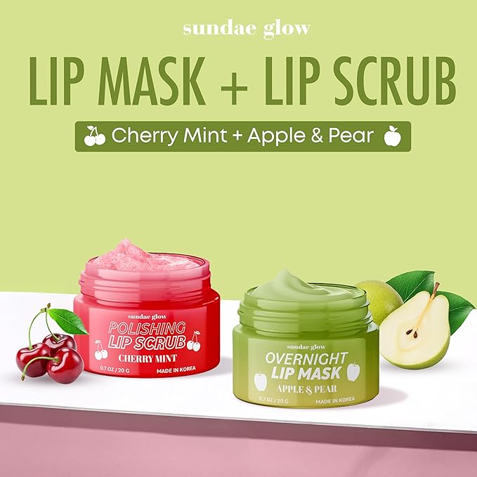 Apple, Pear, Cherry & Mint Lip Mask and Scrub - Dermatologist Tested, Hydrating & Exfoliating, Korean Skin Care, Nourishes, Softens & Brightens Lips - Vegan & Natural - 1 Pack-Velvo Beauty
