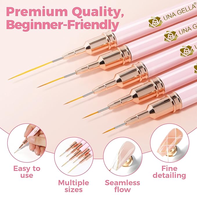 UNA GELLA Nail Art Brushes Metallic, 5 Count Liner Pens Set For Nail Art Gel Polish, Detail Nail Art Design Painting Brush Set For Nails Gel Fine Drawing Nail Tools, Sizes 7/9/11/15/25mm-Velvo Beauty