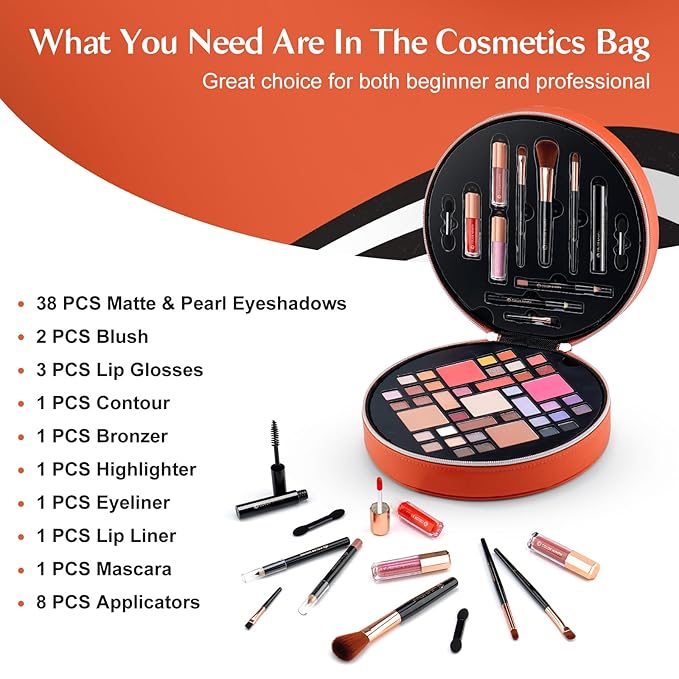 Color Nymph All In One Makeup Kit For Teens With Portable Cosmetics Bag, Multiple Makeups For Begginers As Christmas,New Year,Birthday Gift Included 38-Colors Eyeshadows Lipglosses Brushes(Orange)-Velvo Beauty