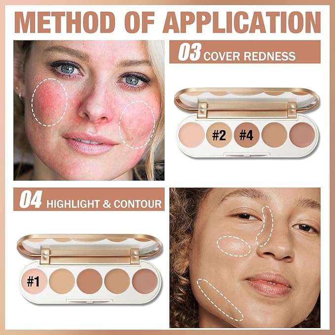 FOCALLURE #GoldenAge 5 in 1 Multi Uses Concealer Palette, 5 Colors Correcting Conceal Palette, Camouflage Contour Palettes for Dark Circles, Face Contouring Highlighter Pallet, 01 LIGHT-MEDIUM-Velvo Beauty