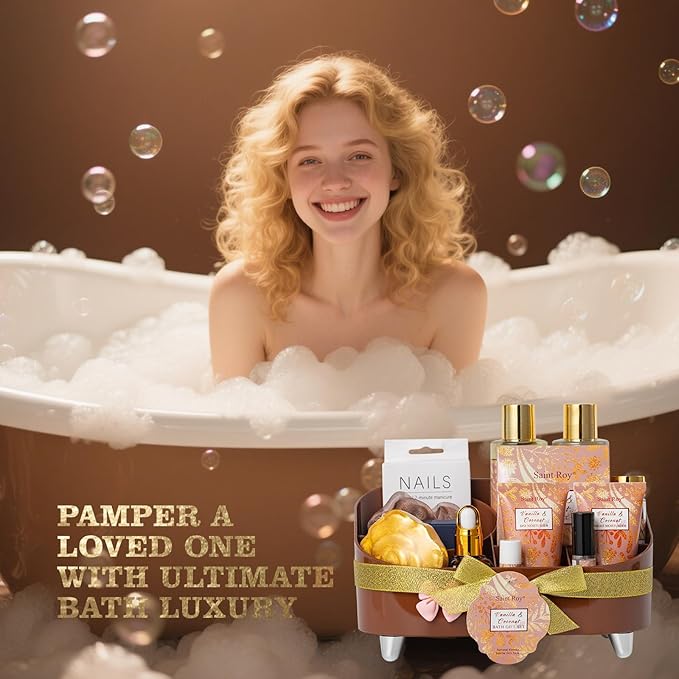 Luxury Gifts for Women, 16 Pcs Spa Gifts for Women of Coconut & Vanilla Scents Skin Care Kit, Facial Kit with Face Day Cream, Night Cream, Skincare Set, Skin Care Set Wrap in Makeup Storage Box-Velvo Beauty