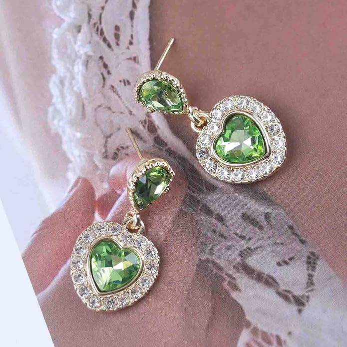 Vintage Emerald Heart Earrings Emerald Cz Teardrop Earrings Rhinestone Heart Drop Earrings Green Gemstone Stud Earrings Jewelry for Women(Green)-Velvo Beauty