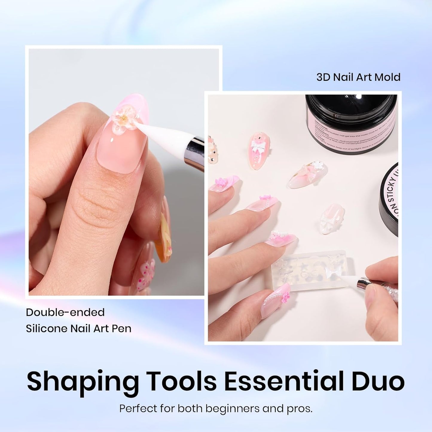 Beetles 3D Nail Art Brushes, Dual-ended Silicone Manicure Tool, Gold Chrome Nail Powder, 15mm Liner Brush, Dotting Tool with Flowers Bowknot Mold, Pearls, for 3D Manicure Design Carving Drawing Effect-Velvo Beauty