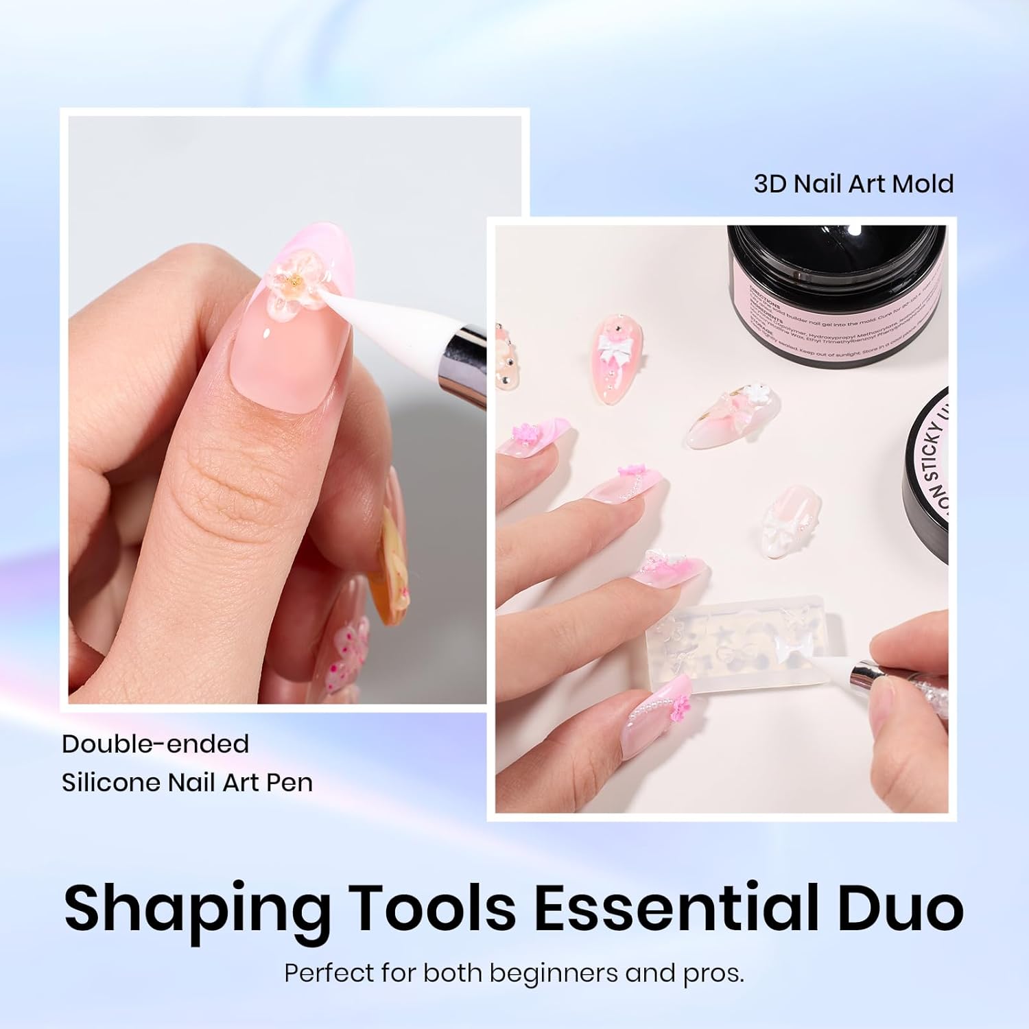 Beetles 3D Nail Art Brushes, Dual-ended Silicone Manicure Tool, Gold Chrome Nail Powder, 15mm Liner Brush, Dotting Tool with Flowers Bowknot Mold, Pearls, for 3D Manicure Design Carving Drawing Effect-Velvo Beauty