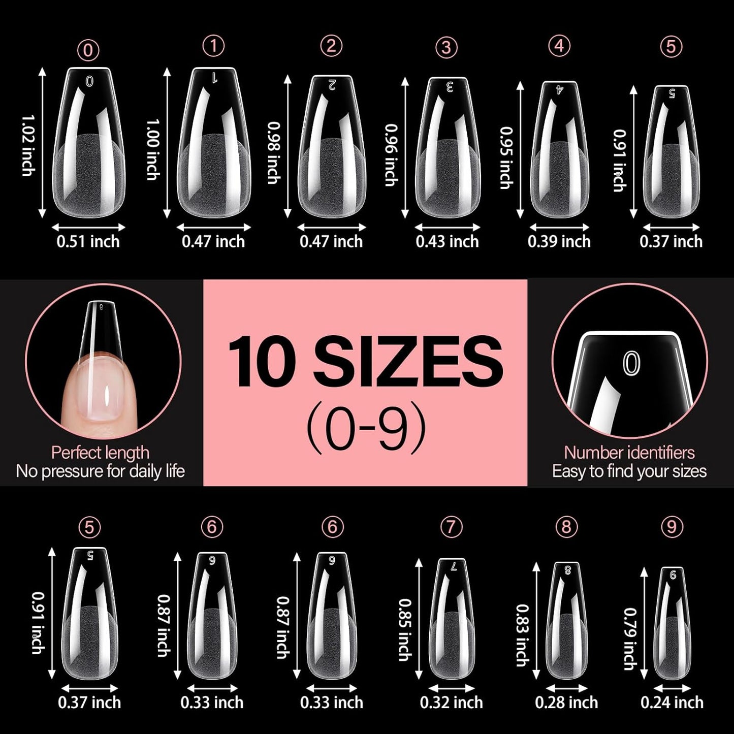 AILLSA Long Coffin Nail Tips Half Matte Full Cover Nails Tip Clear Acrylic Pre-Shaped Tips Flase Press on Nail Tips for Extentions Nails Manicure Salon DIY 216PCS 12 Sizes-Velvo Beauty