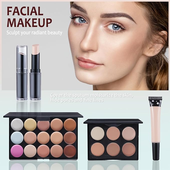 Makeup Kit For Women Full kit, Makeup Set For Teen Girls Eyeshadow Lip gloss Lipstick Make up Brushes Eyebrow Eyeliner Pen Liquid Concealer Foundation Primer Puff Eye shadow Shields Eye Brow Stencil-Velvo Beauty