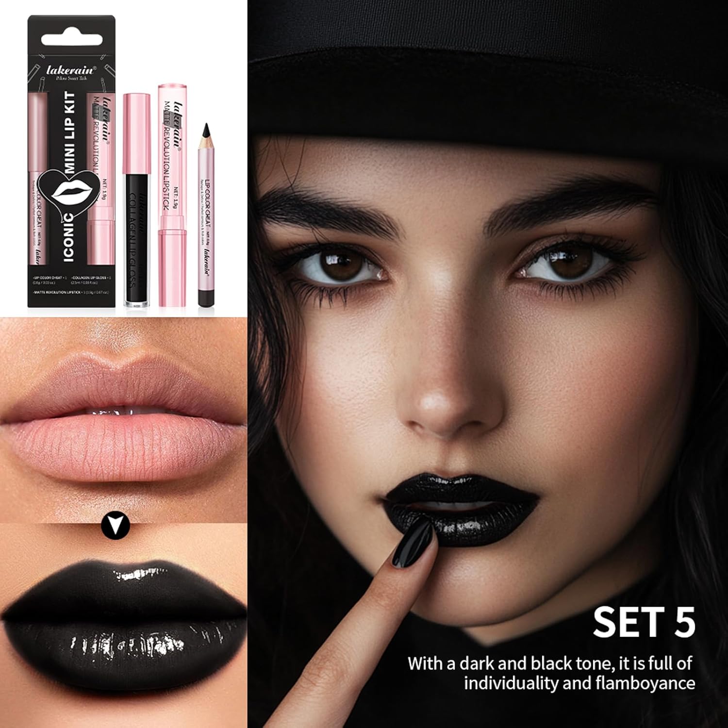 3PCS Black Lip Liner and Lipstick Set – Bold Matte Lipstick, Precision Liner & High-Shine Gloss for Gothic, Halloween, Cosplay & Editorial Looks – Long-Lasting, Smudge-Proof Lip Makeup Kit (Black)-Velvo Beauty