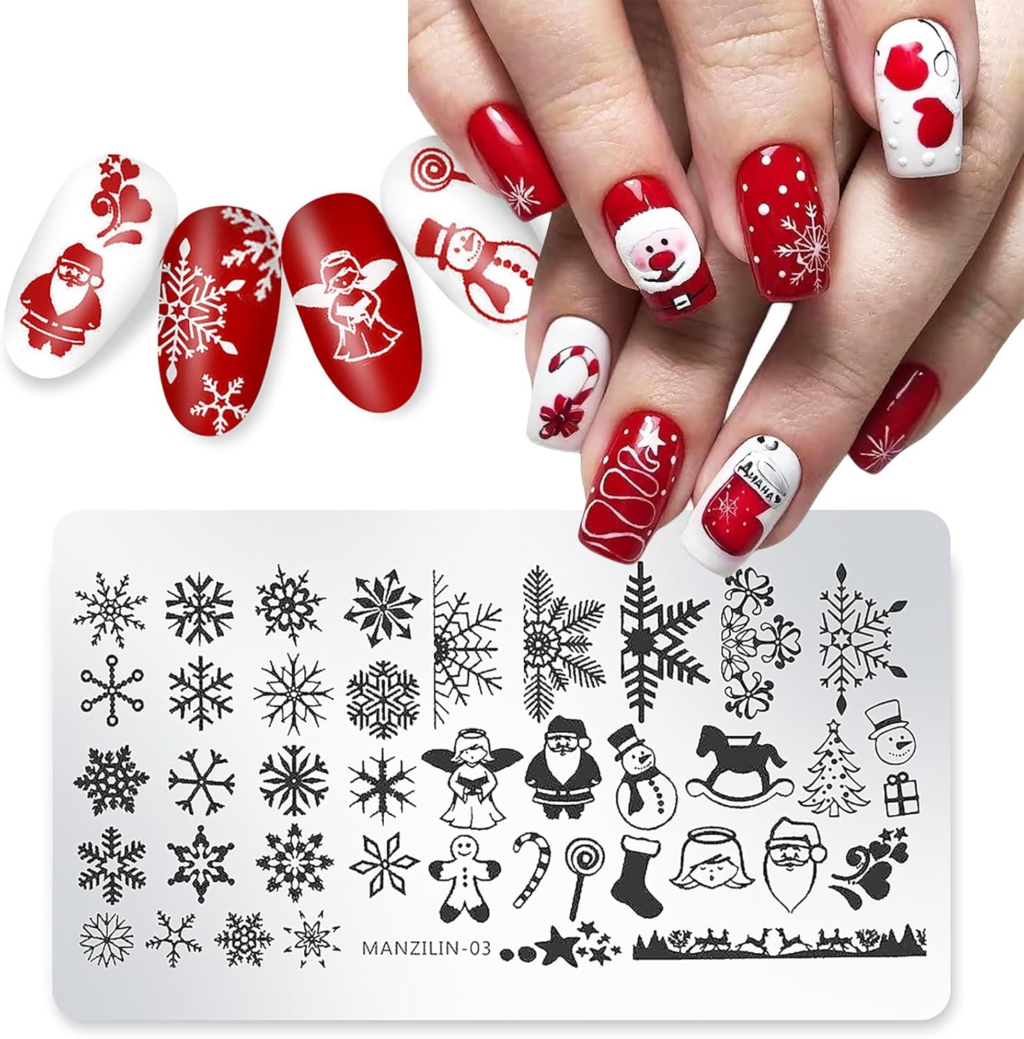 Christmas Nail Stamping Plates - Winter Stamp Kit with Snowflake, Santa Claus, Christmas Tree, Elk & Candy Bells Designs - DIY Stainless Steel Nail Image Polish Template Kit (8Pcs)-Velvo Beauty