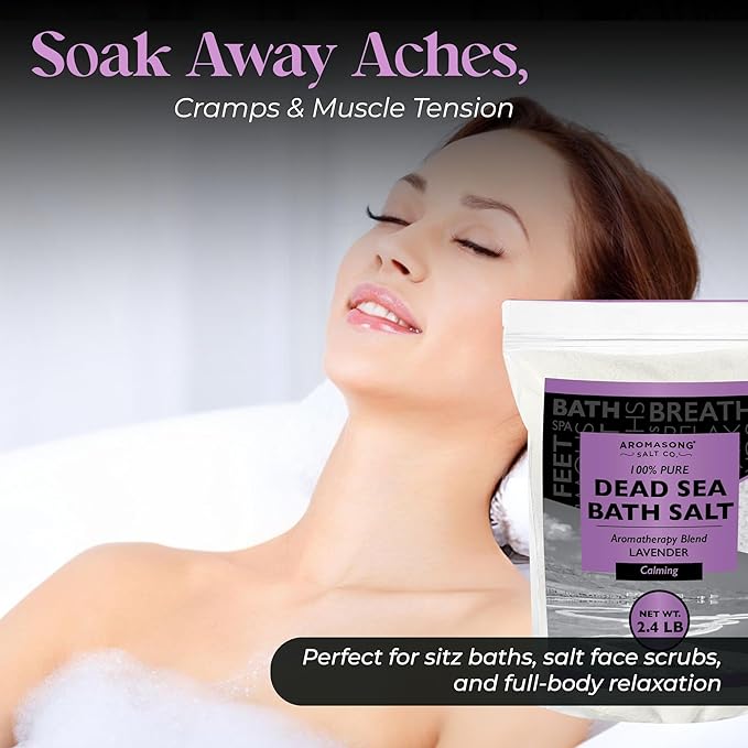 Aromasong Pure Dead Sea Salt for Soaking with 100% Natural Lavender, 2.43 LB - Spa Bath Salt Fine Grain - Body Wash Scrub - Soak for Women & Men- Bulk Resealable Pack-Velvo Beauty