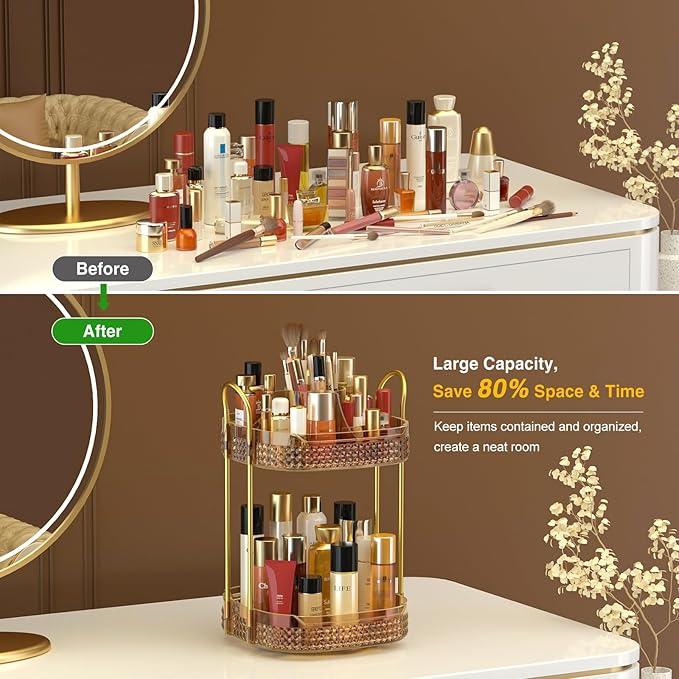 Awenia Rotating Makeup Organizer 360, Stackable Adjustable Large Capacity Cosmetic Storage Unit,Dresser Bathroom Kitchen Countertop Organizer with Metal Handle, Plus Size (Honorable Gold, 2 Tier)-Velvo Beauty
