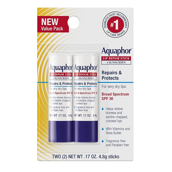 Aquaphor Lip Repair, Moisturizing Lip Balm Set, Soothes Dry Chapped Lips, Lip Repair Stick, 0.17 Oz (Pack of 2) + Lip Repair and Protect Stick, Lip Balm with Sunscreen SPF 30, 0.17 Oz (Pack of 2)-Velvo Beauty