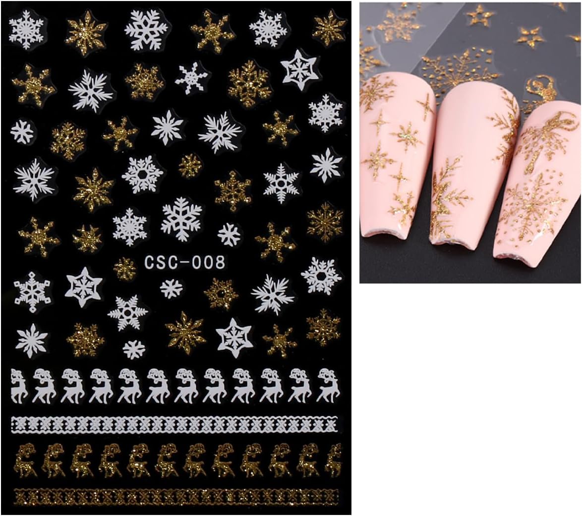 JMEOWIO 8 Sheets Christmas Glitter Nail Art Stickers Decals Self-Adhesive Snowflake Winter Holiday Cute Nail Supplies Nail Art Design Decoration Accessories-Velvo Beauty