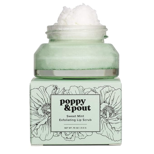 Poppy & Pout Natural Lip Scrub, Moisturizing Sugar Scrub for Dry Lips, Lip Scrubber Exfoliator with Essential Oils Smooths and Hydrates Lips, In Recyclable Glass Jars, Cruelty Free - Sweet Mint-Velvo Beauty