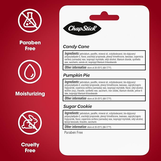 ChapStick Holiday Collection - Candy Cane, Pumpkin Pie & Sugar Cookie Flavors - Blister Pack of 3 Sticks 0.15 Each - Pack of 6 = 18 Sticks, Great Holiday Gift 3 Count (Pack of 6)-Velvo Beauty