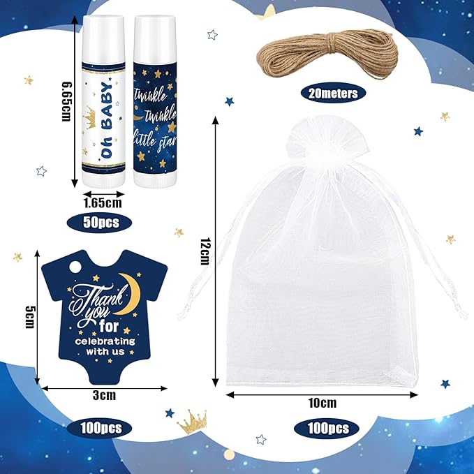 Demissle 50 Pcs Baby Shower Lip Balm Gift Set with 100 Pcs Organza Bags Baby Shower Party Favor for Guest Thank You Tag Rope Baby Shower Party Decoration Gender Reveal Souvenirs(Night)-Velvo Beauty