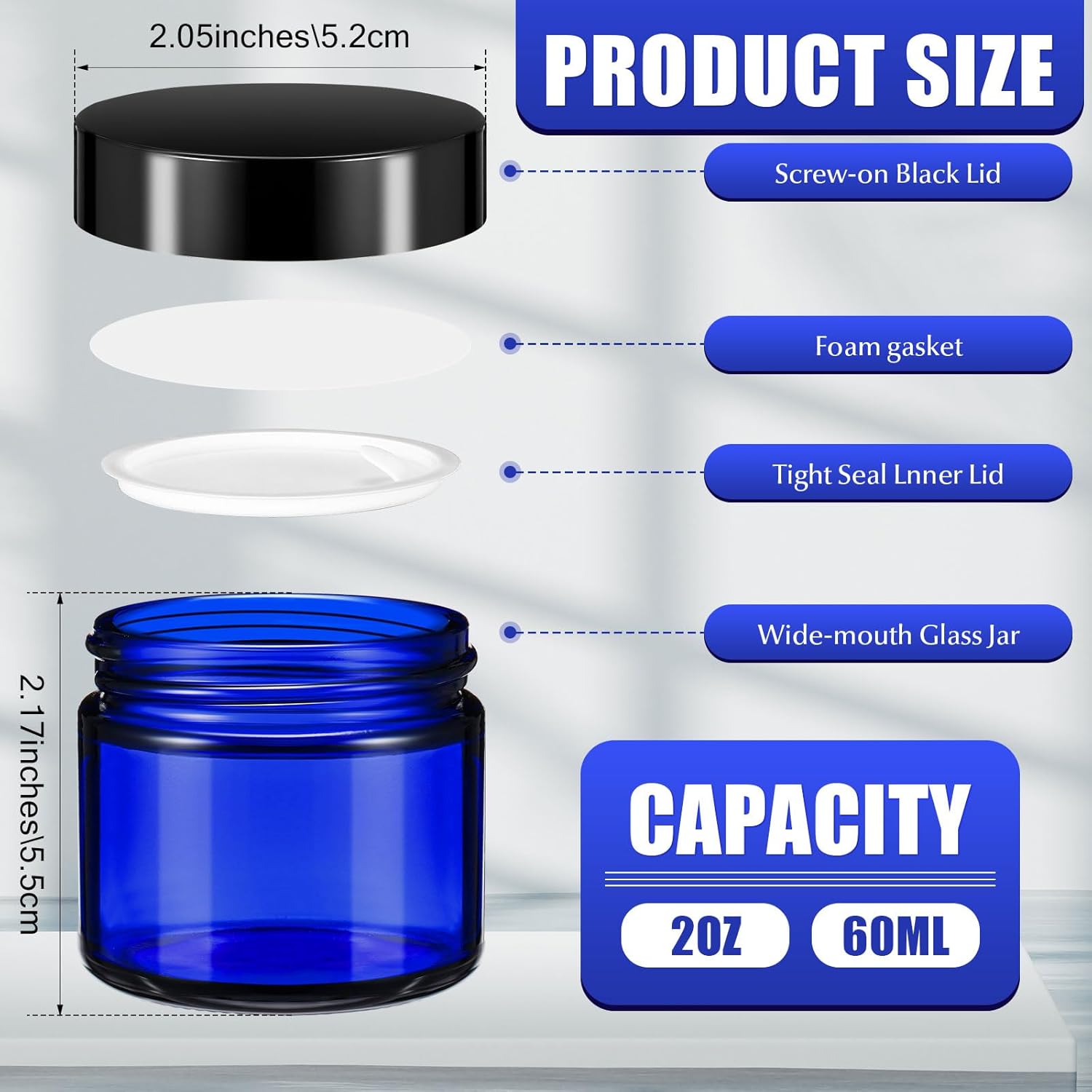 Domensi 48 Pcs 2 oz Glass Jars with Lids Travel Size Round Leakproof Empty Cosmetic Jars with Inner Liners Lid for Storing Makeup Lotions Face Cream Ointments Candle DIY Making (Cobalt Blue)-Velvo Beauty
