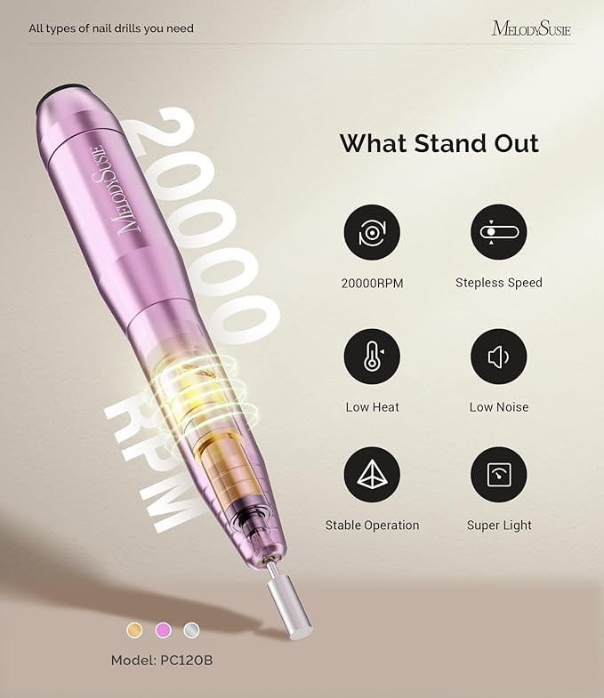 MelodySusie Portable Electric Nail Drill,PC120B Compact Efile Electrical Professional Nail File Kit for Acrylic, Gel Nails, Manicure Pedicure Polishing Shape Tools Design for Home Salon Use, Purple-Velvo Beauty