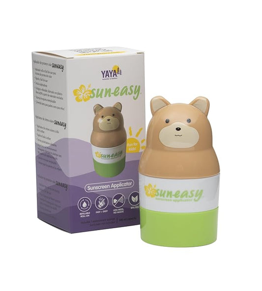 Sun-Easy Sunscreen Applicator, Refillable Roll-On with Sponge for Kids and Babies, Fun, Fast and Mess-Free application, Holds 100 ml, Bear/Green Cap-Velvo Beauty