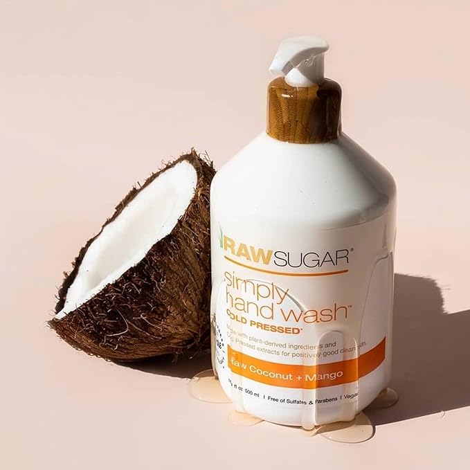 RAW SUGAR Raw Coconut + Mango Hand Soap, Body Scrub & Body Butter Bundle, Body Care for Dry Skin, Exfoliate and Moisturize, Hand Wash + Body Care - Mango, Formulated without Sulates and Parabens-Velvo Beauty