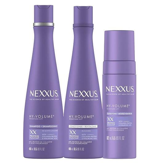 Nexxus HY-VOLUME Weightless Lift Shampoo, Conditioner & Foam 3 Pack PROTEIN FUSION with Collagen Protein & Hyaluronic Acid For Flat & Limp Hair for 48 Hours of Volume 13.5 fl oz & 5.5 fl oz-Velvo Beauty