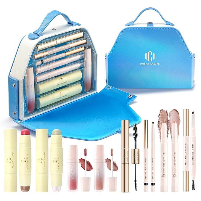 Color Nymph Makeup Kit for Girls Beginner Makeup Gift Set with Portable Bag Include 2 Color Lip Gloss, Eyeshadow Pen, Blush & Contouring, Highlight, Mascara, Eyebrow Pencil-Velvo Beauty