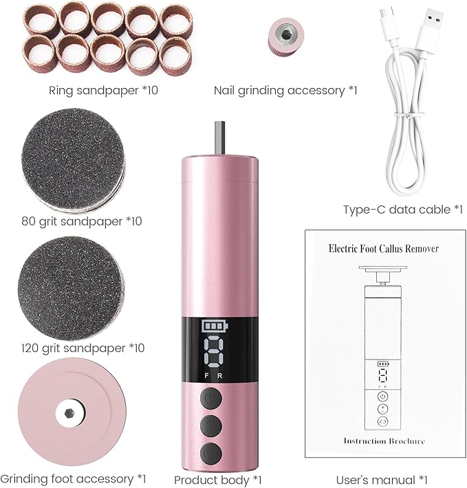 Electric Callus Remover for Feet, Rechargeable Professional Electronic Foot File Nail Grinder,9 Adjustable Speed Foot Sander Scrubber Pedicure Tool for Dry Dead Skin with Sandpaper Discs (Pink)-Velvo Beauty