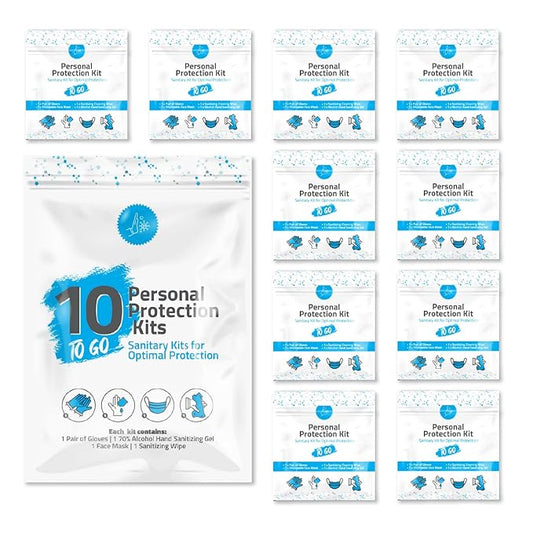 Personal Protection Kit TO GO, Mini 4 Item PPE Kit for travel and school | Includes 1 Each of Face Covering, Gloves, Cleansing Wipes & Hand Cleansing Gel | 10 - Pack (Light Blue)-Velvo Beauty
