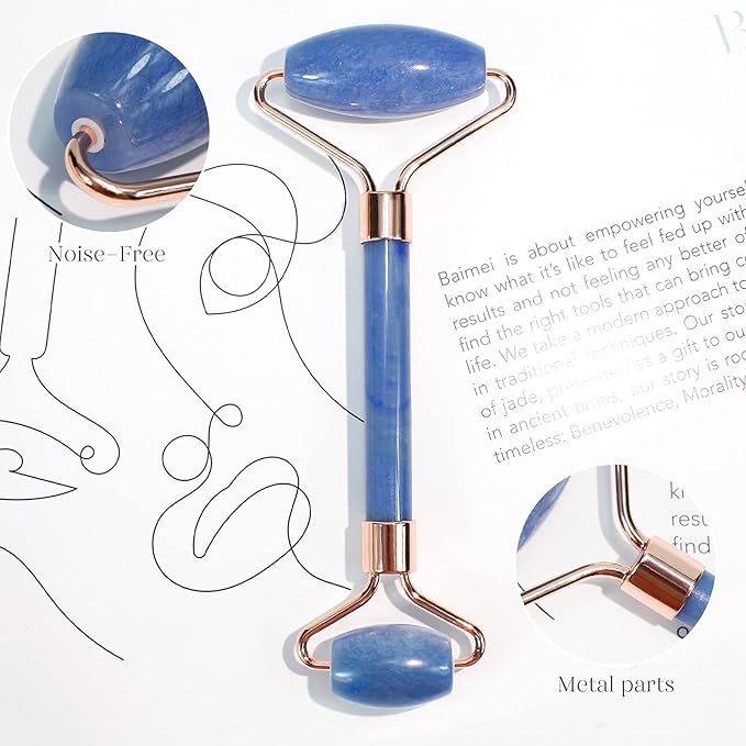 BAIMEI Jade Roller & Gua Sha, Face Roller, Facial Beauty Roller Skin Care Tools, Self Care Gift for Men Women, Massager for Face, Eyes, Neck, Relieve Fine Lines and Wrinkles - Blue-Velvo Beauty