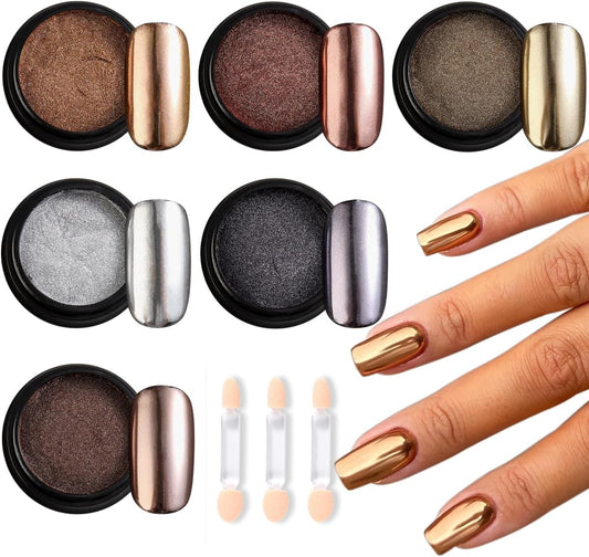 Chrome Nail Powder Set - 6 Colors Rose Gold Bronze Black Chrome Nail Powder, Mirror Effect for Nails, Metallic Rubbing Dust Chameleon Glitter Pigment Flakes, Manicure Salon Supplies-Velvo Beauty
