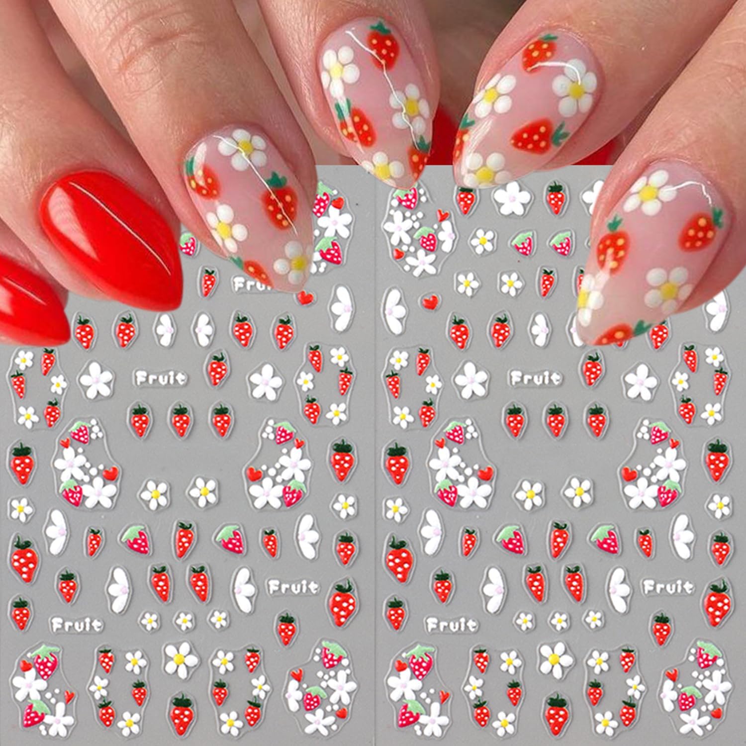 5 Sheets Autumn Winter Flower Nail Art Stickers 3D Self-Adhesive Nails Stickers Floral Strawberry Daisy Pattern French Tip Design Wine Red Brown Blue Gold 3D Decals Women DIY Nail Art Decoration-Velvo Beauty