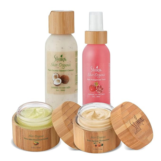 Shira Shir-Organic 4 pack for Normal to Dry Skin - Coconut Oatmeal Cleanser, Pomegranate Toner & Apricot Moisturizer & AHA Treatment Scrub-Velvo Beauty
