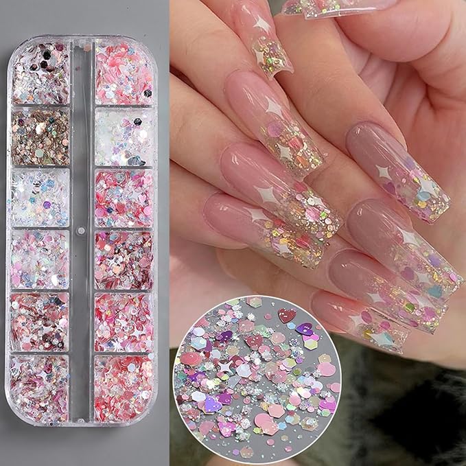 12 Grids Star Nail Art Glitter Sequins Heart Shaped Mermaid Nail Sequins Holographic Mermaid Nail Flakes Sticker Sequin Heart Nail Art Glitter for Women DIY Acrylic Nail Decoration-Velvo Beauty