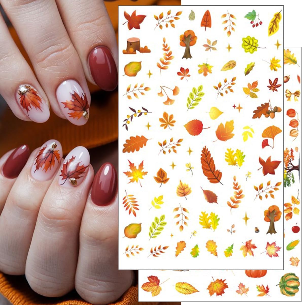 6Pcs Fall Nail Stickers for Nails Art - Cute Pumpkin Nail Decals Yellow Fallen Leaves for Nails Autumn Maple Leaf Theme Thanksgiving Nail Design Adhesive Sticker Sliders for Women Nail Art Decorations-Velvo Beauty