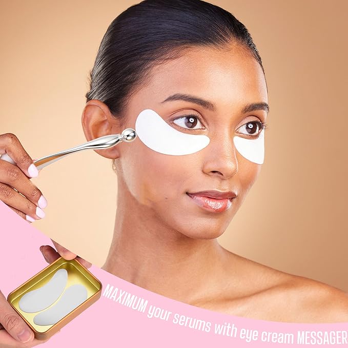 CCbeauty Reusable Under Eye Patches + Eye Cream Applicator Value Set | 100% Silicone Eye Gel Pads | Boost Hydration | Minimize Fine Lines + Wrinkles + Dark Circles | Storage Tin Included | White-Velvo Beauty