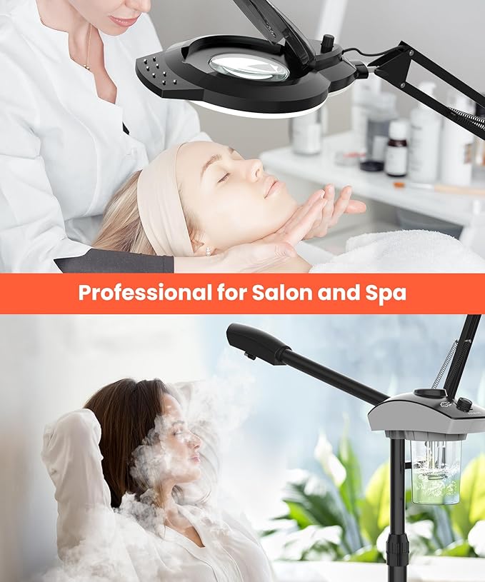 TASALON Professional Facial Steamer with 5X Magnifying Lamp, 2-in-1 Esthetician Steamer on Wheels with Ozone and Hot Mist, Ionic Facial Steamer for Facial Deep Cleaning and Moisturize-Velvo Beauty