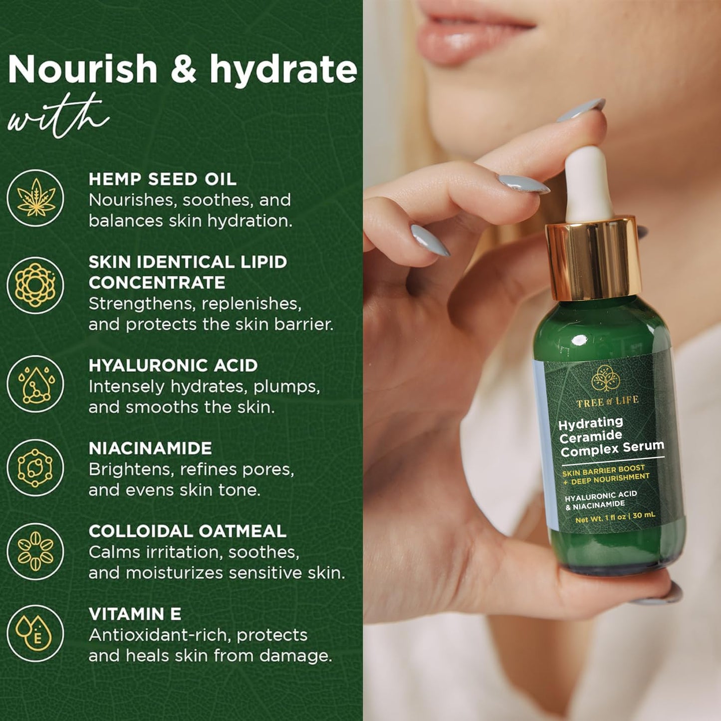 Tree of Life Beauty Ceramide Serum Complex - Skin Barrier Serum with Hemp Seed Oil - Nourishing Barrier Serum with Hyaluronic Acid, Niacinamide and Colloidal Oatmeal - Hydrating Serum for Face 1 Fl Oz-Velvo Beauty