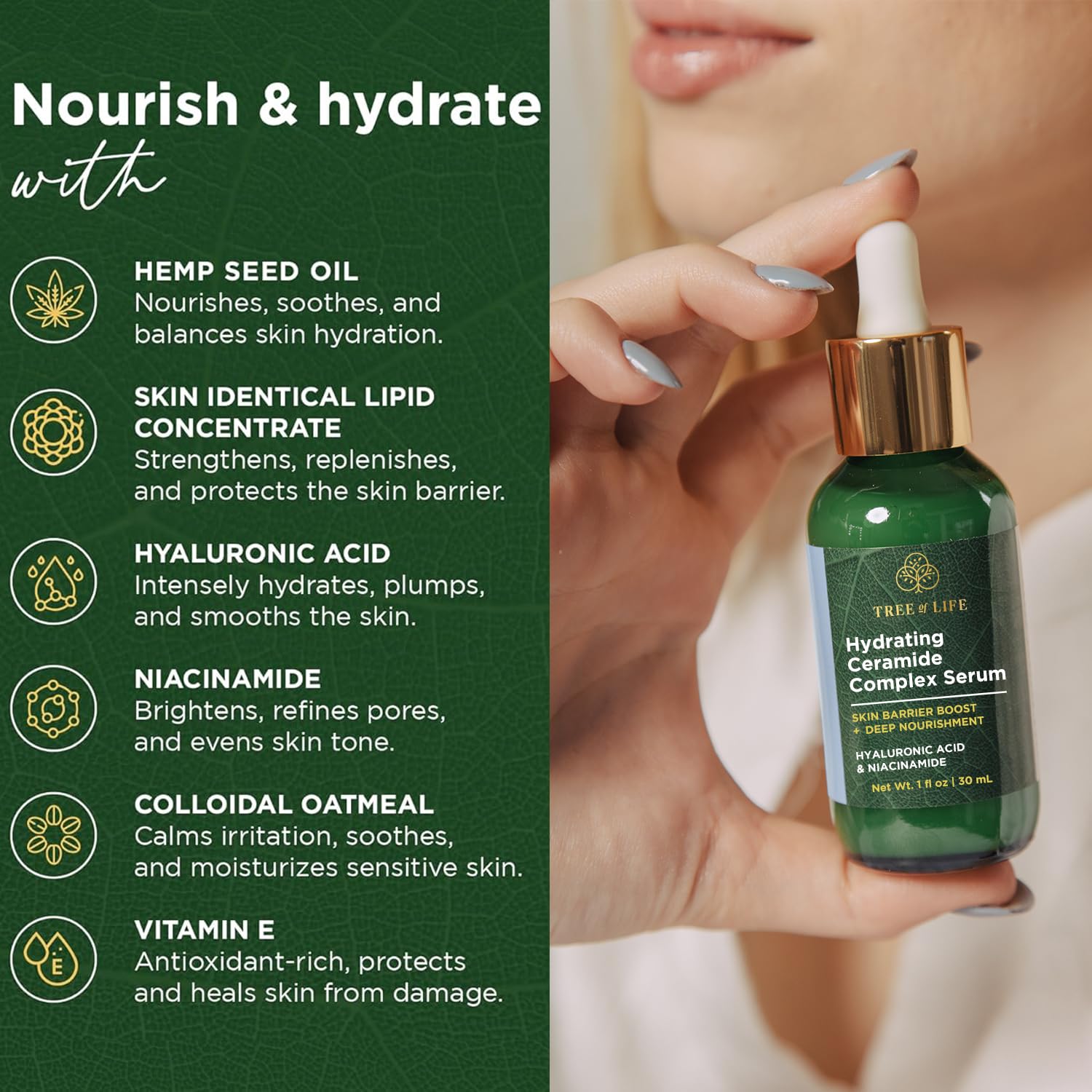 Tree of Life Beauty Ceramide Serum Complex - Skin Barrier Serum with Hemp Seed Oil - Nourishing Barrier Serum with Hyaluronic Acid, Niacinamide and Colloidal Oatmeal - Hydrating Serum for Face 1 Fl Oz-Velvo Beauty