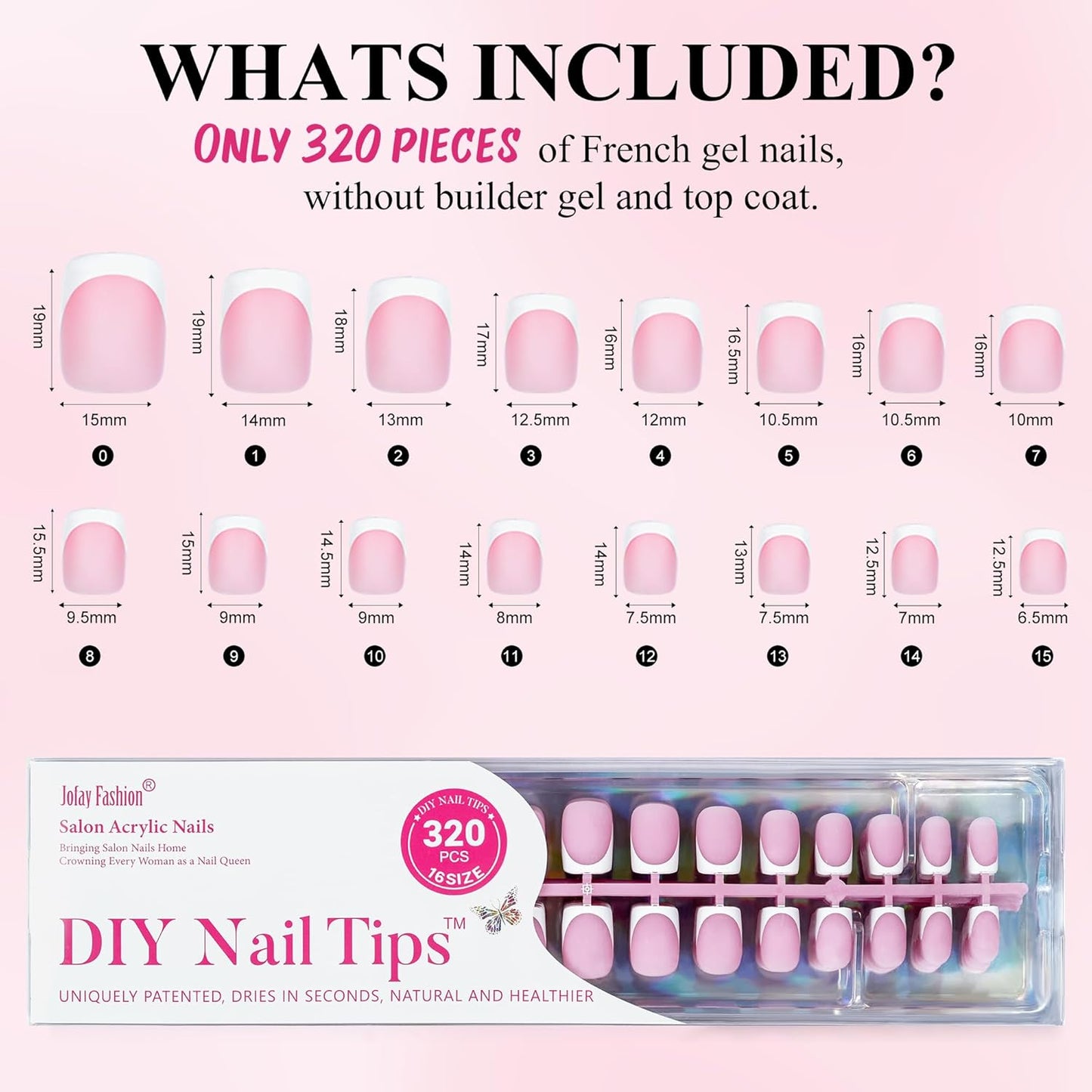 French Gel Nail Tips - Jofay Fashion French Tip Press on Nails, 10-Piece Set 320Pcs Short Square Nail Tips, Pre-applied Tip Primer & Base Coat, No Need to File Fake Nails for Nail Extension, 16 Sizes-Velvo Beauty