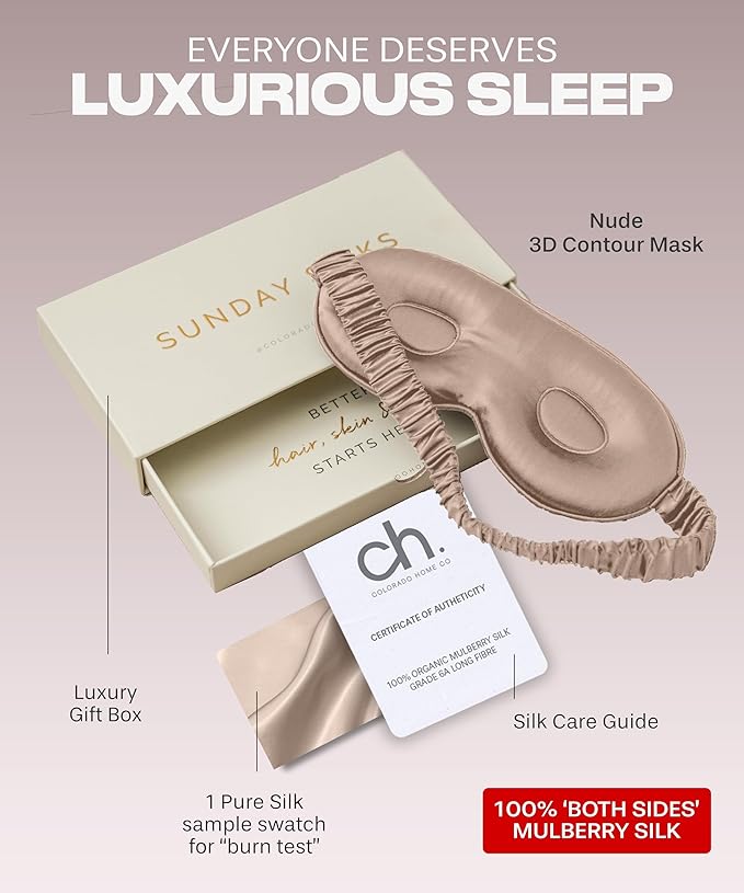 SUNDAYSILKS™ 3D Contoured Silk Sleep Mask | Padded Silk Eye Mask with Eye Cups for Lash Extensions | Blackout, Organic for Women & Men, Perfect for Travel, Slip-Free Deep Sleeping, Antifaz para Dormir-Velvo Beauty